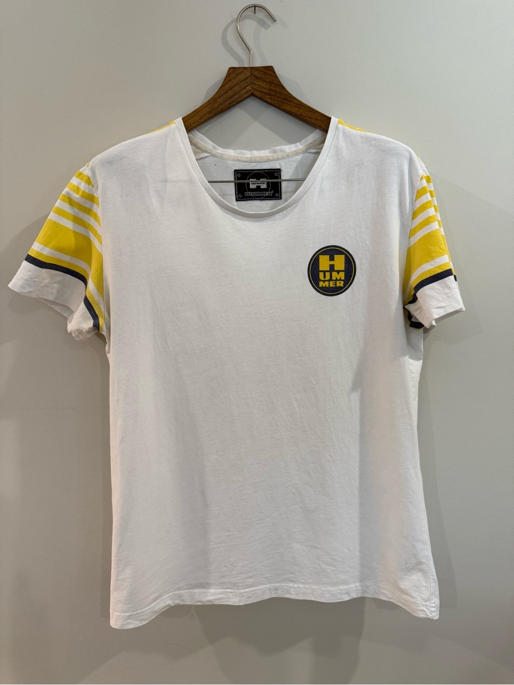Vintage Hummer tee with bold chest logo + striped sleeve